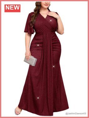 Plus Size Formal Evening Dress Sparkly V Neck Ruffle Sleeve Maxi Gown